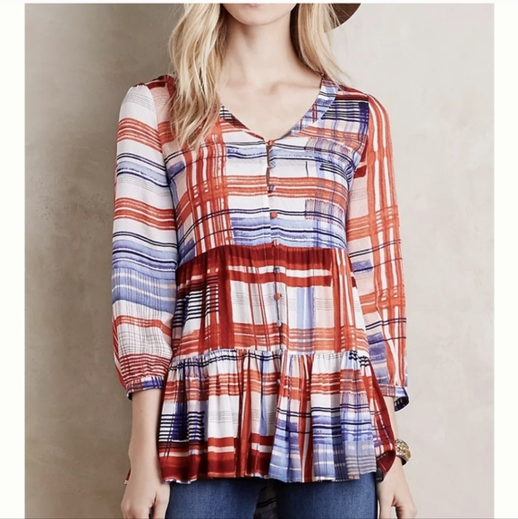 Anthropologie Maeve Lila Tiered Patchwork Ruffle Peplum Top Blouse Women Size L - Picture 3 of 12